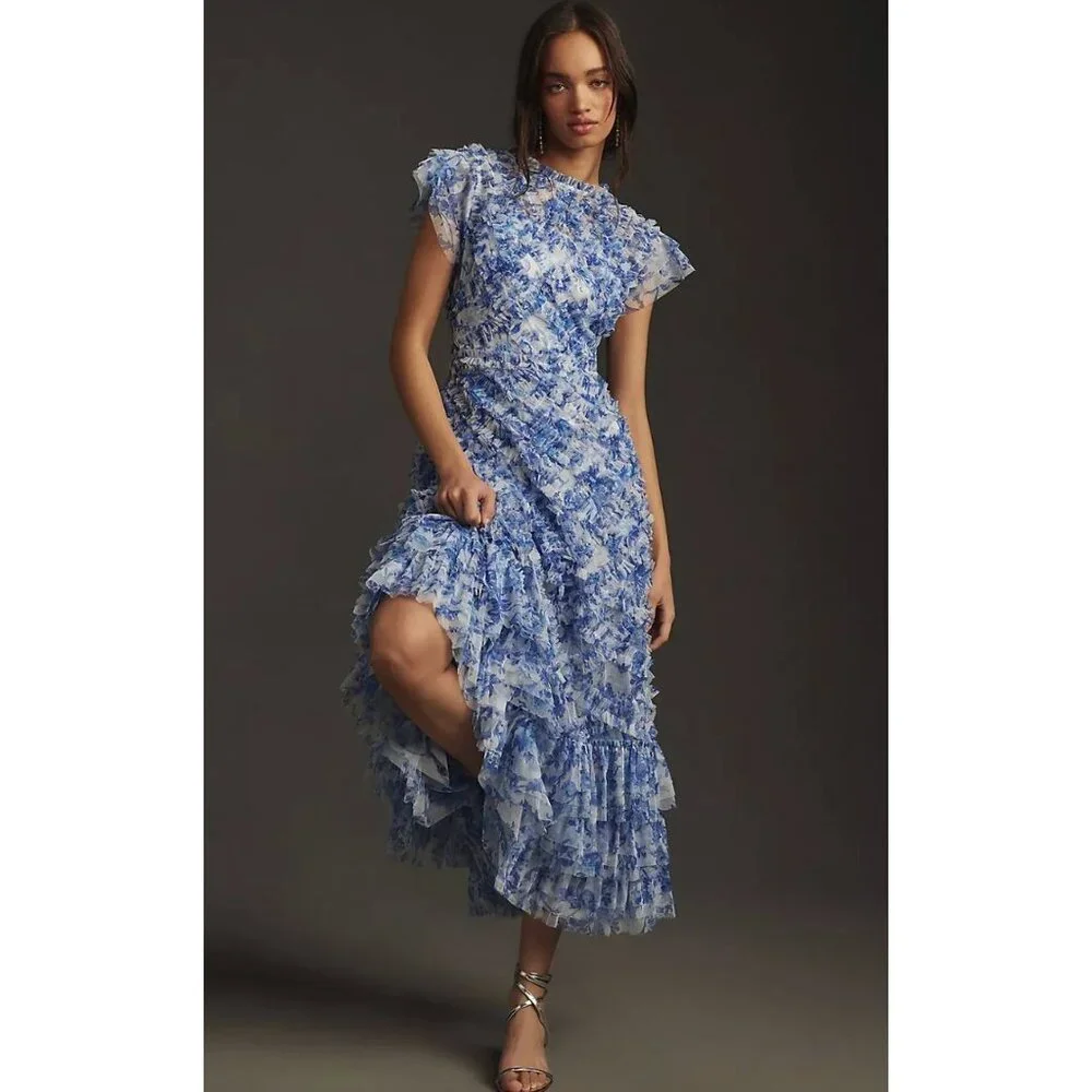 Anthropologie Mac Duggal Short-Sleeve High-Neck Ruffle Dress Sz 18 Blue Floral